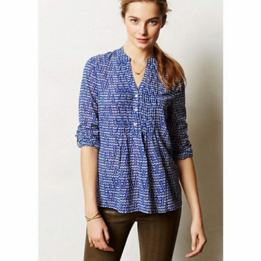 Anthropologie HD in Paris Blue Tab Sleeve Blouse